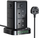 Black power strip with multiple outlets and USB ports on a white background